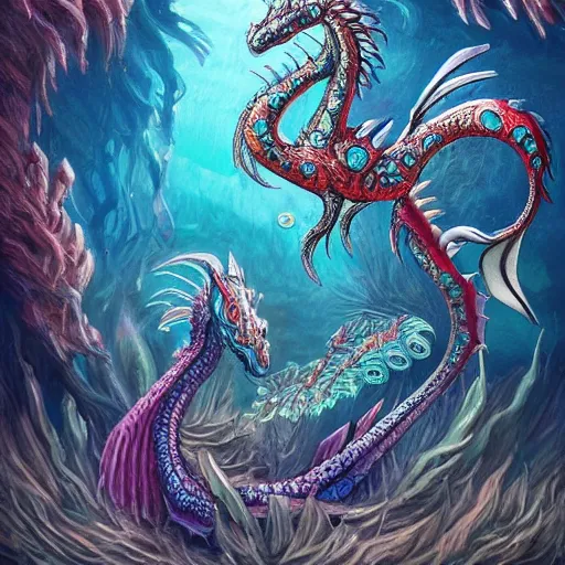 Image similar to underwater sea dragon, d & d style, trending on artstation, colorful, intricate, highly detailed art by ilse gort and yugin maffioli