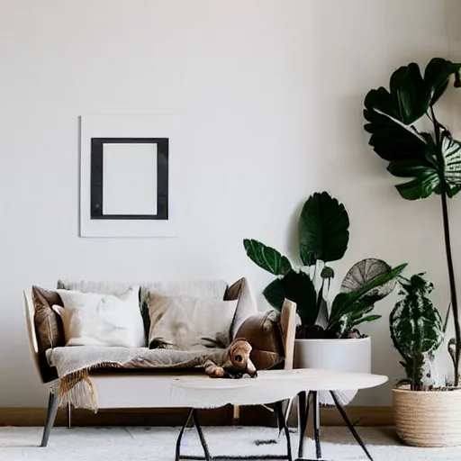 Image similar to a minimalist mockup photo with large blank frame, in a white boho style studio, pale wood furniture, in cozy coastal style home interior, trending on pinterest