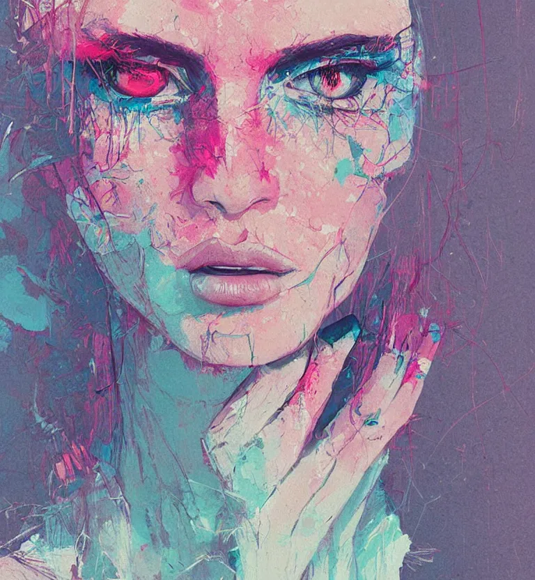 Image similar to close up portrait painting of a female dressed in nineties street styling, concept art, intricate details, highly detailed, aesthetically pleasing pastel colors, art by conrad roset