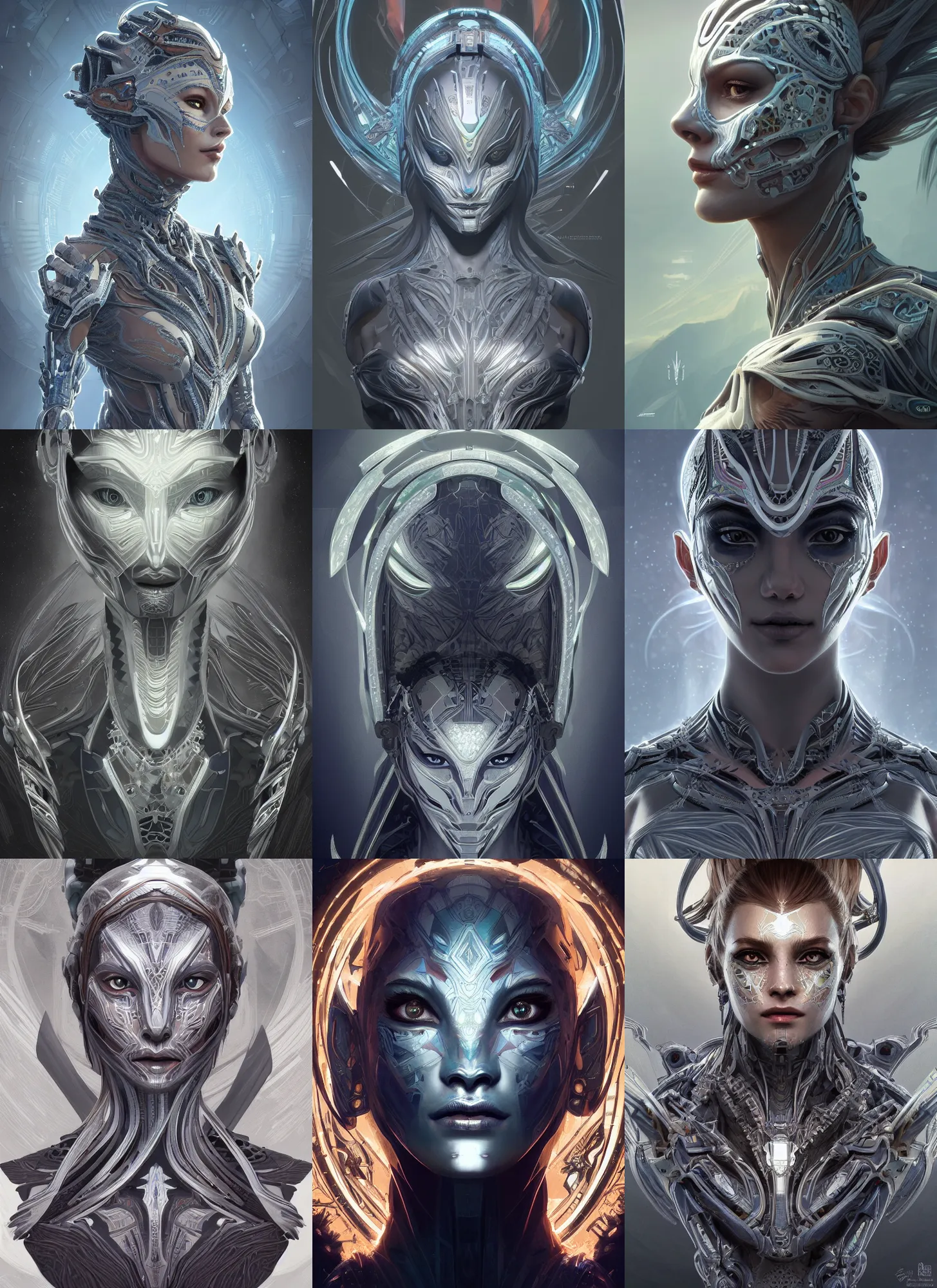 Image similar to symmetry!! portrait of silver alien in the style of horizon zero dawn, machine face, intricate, elegant, highly detailed, digital painting, artstation, concept art, smooth, sharp focus, illustration, art by artgerm and greg rutkowski and alphonse mucha, 8 k