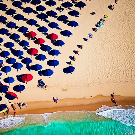 Image similar to photograph beachscapes from an almost perpendicular angle, Aerial view of sandy beach with umbrellas and sea, Aerial of a crowded sandy beach with colourful umbrellas, sun bathers and swimmers during summer, by Tommy Clarke