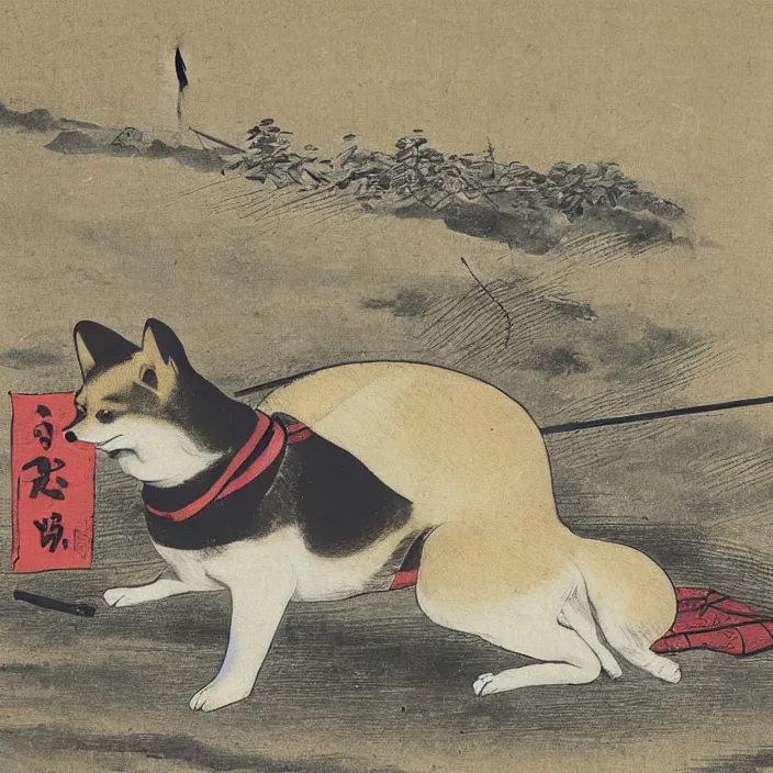 Prompt: a shiba-inu-samurai general waking up from a nap on the battlefield, artwork on loan from the historical dog society of japan