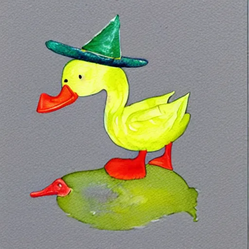 Image similar to watercolor yellow duck with party hat and middle finger pointing up, white background, highly detailed, art,