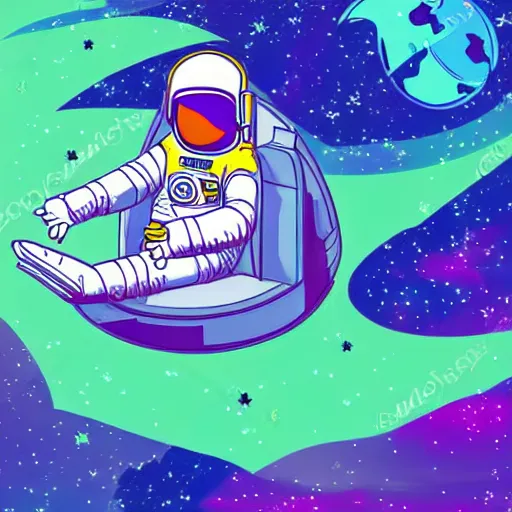 Image similar to an astronaut lounging in a tropical resort in space in a vaporwave style