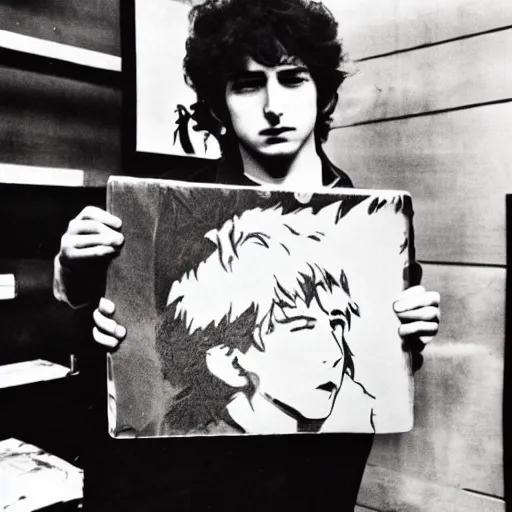 Image similar to young bob dylan holding an anime dakimakura, music cover art.