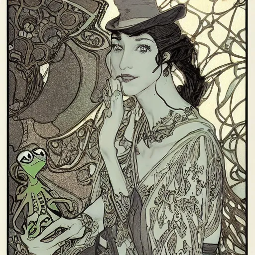 Prompt: a detailed picture of kermit the frog's tinder profile picture, intricate, elegant, highly detailed, digital painting, artstation, concept art, matte, sharp focus, illustration, art by rebecca guay and by arthur rackham and by alphonse mucha and by john william waterhouse