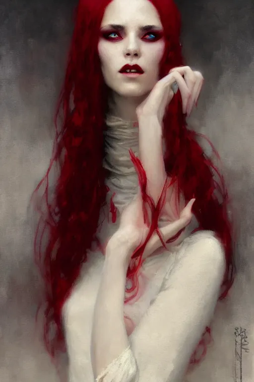 Image similar to beautiful vampire with red eyes and long red hair in a white woolen turtleneck dress portrait dnd, painting by gaston bussiere, craig mullins, greg rutkowski, yoji shinkawa