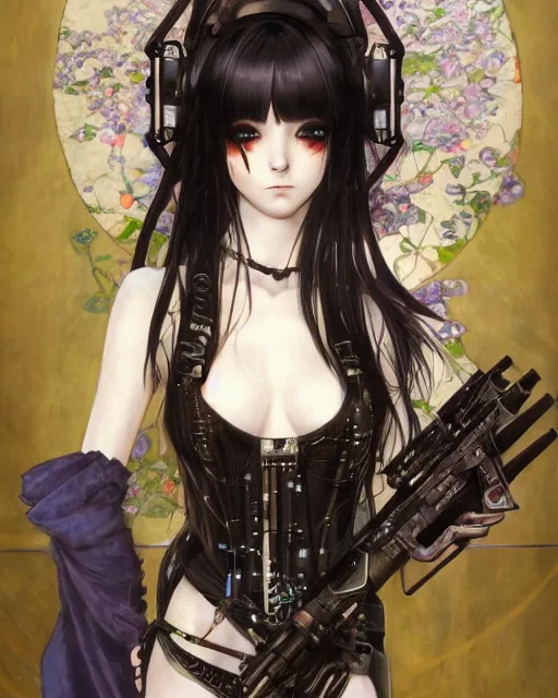 Image similar to portrait of cute beautiful young gothic anime maiden, cyberpunk. Anime, Warhammer, highly detailed, artstation, illustration, art by Gustav Klimt and Range Murata