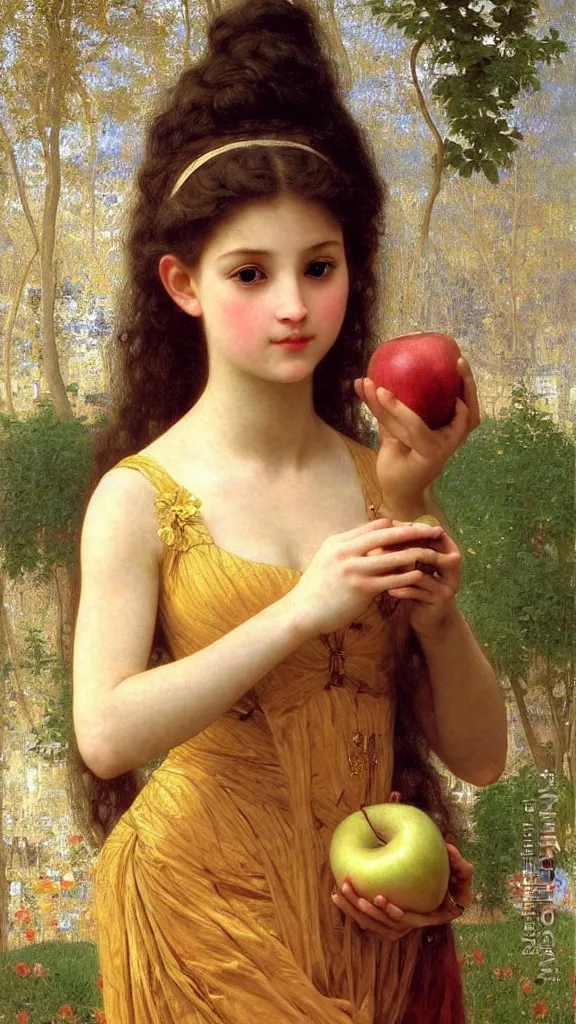 Image similar to painting portrait of a beautiful girl with an apple in her hand, intricate, elegant, digital painting, smooth, sharp focus, shiny gold, realistic gold, realistic metal, by William-Adolphe Bouguereau and Gustav Klimt,