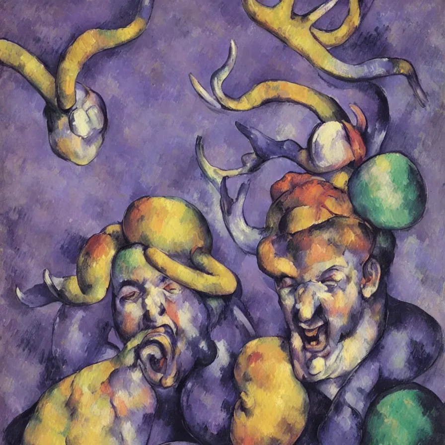 Image similar to rare hyper realistic portrait painting by cezanne, studio lighting, brightly lit purple room, a blue rubber ducky with antlers laughing at a giant crying rabbit with a clown mask