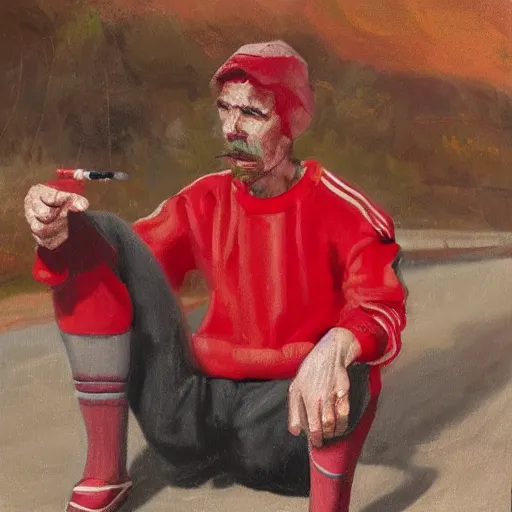 Image similar to a man in cheap and red used sportswear. he is smoking a cigarette. he is sitting on a dead dog. he is on the side of the road. he is wearing slippers. it is a rural scene, in poor village, dramatic lighting, hyper detailed, surreal, hyperrealism, oil painting