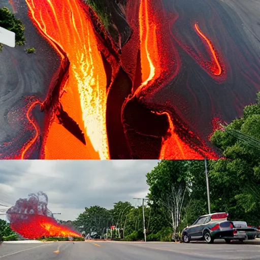 Prompt: molten lava flowing down a suburban street in America. Photo by Annie Liebowitz