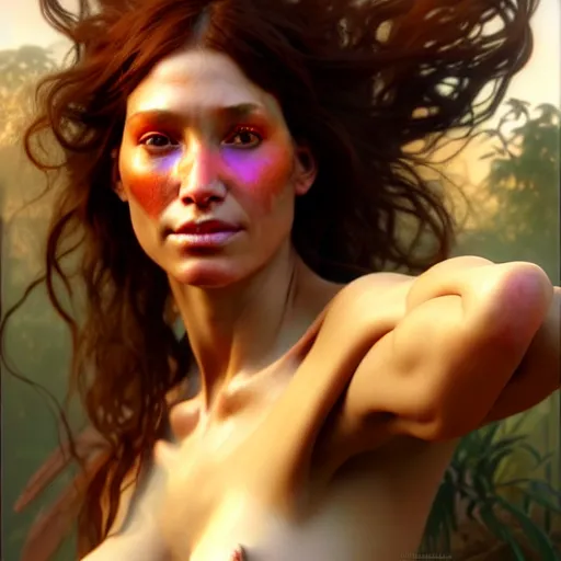 Prompt: beautiful digital painting of a cavewoman with high detail, real life skin, primal colors, 8 k, stunning detail, works by artgerm, greg rutkowski and alphonse mucha, unreal engine 5, 4 k uhd