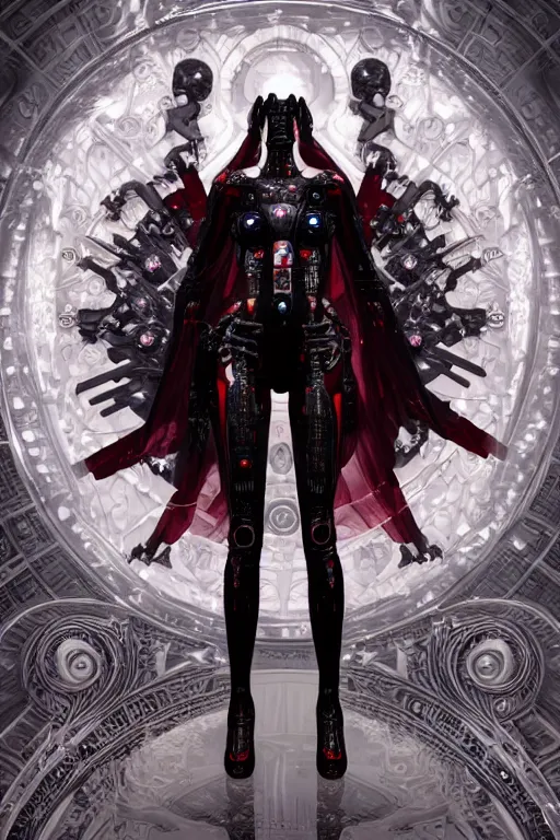Image similar to full-body cyberpunk style sculpture of a young beautiful dark priestess, half android with a head opening exposing circuitry, glowing red eyes, black roses, flowing blood red colored silk, fabric, candles. baroque elements, human skull. full-length view. baroque element. intricate artwork by caravaggio. crows flying in background. Trending on artstation. octane render. cinematic lighting from the right, hyper realism, octane render, 8k, depth of field, 3D