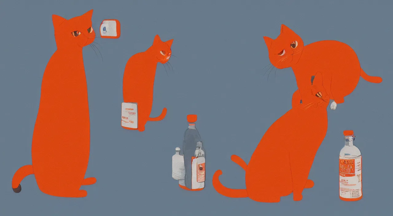 Image similar to a cat standing next to a bottle of medicine. orange cat. animal. digital art. artstation. illustration. wide image.