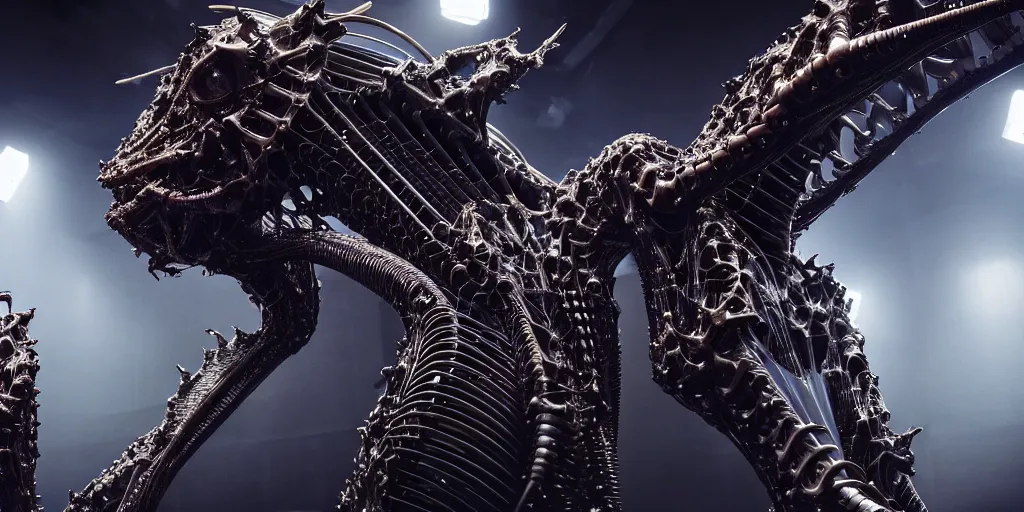 Prompt: star base, walking down the catwalk, stage, vogue photo, podium, fashion show photo, iris van herpen, beautiful woman, perfect body, full body shot, inflateble shapes, masterpiece, guyver, giger, biomechanical details, denis villeneuve, legendary dragon, movie still, cinestill, bokeh, artstation