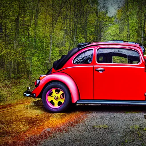 Image similar to promotional scifi - blockbuster movie scene of a ladybug merged with a'glossy volkswagen beetle '. it has wings and is flying down a dusty backroad along a gentle creek in smokey mountains tennessee. cinematic, muted dramtic color, 4 k, imax, 7 0 mm, hdr