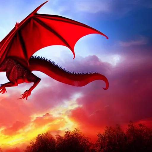 Image similar to a cute gorgeous beautiful realistic red dragon flying above a forest, photorealistic image , sunset in the background