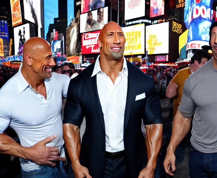 Prompt: dwayne the rock johnson and Adam Sandler on Methamphetamine at Times Square, photograph by Alfred Eisenstaedt, 4K, dramatic lighting; high energy; Full mood; 4K 8K