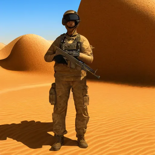 Prompt: a solder holding a rifle ingame desert environment realistic digital illustration photo global illumination ray tracing hdr
