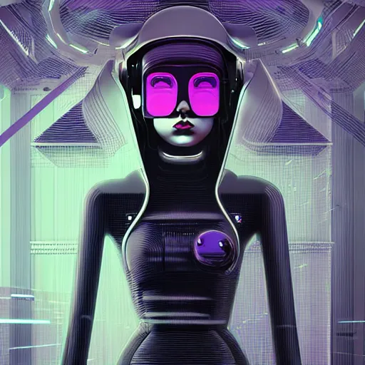 Image similar to portrait of a cyberpunk girl with futuristic helmet and with very tight black latex dress by Petros Afshar and Beeple, James Gilleard, Mark Ryden, Wolfgang Lettl highly detailed