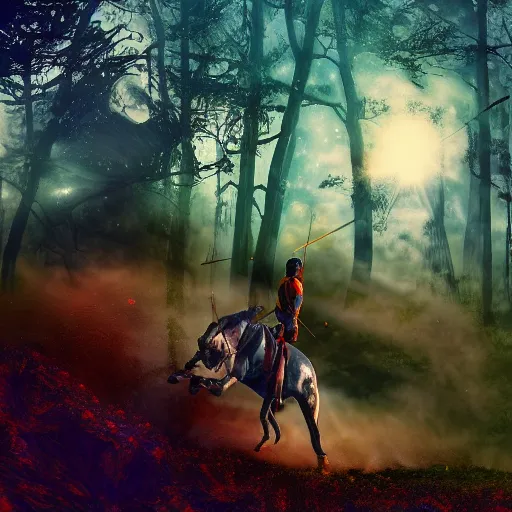 Image similar to arrows struck astronaut riding a horse in a fantasy forest, landscape, morning ambience, cinematic, digital art, front lit, epic, cinematic