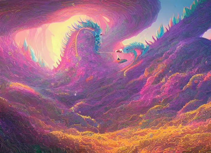 Image similar to psychedelic concept art of a dragon landscape made of thousands of spiraling dragons, cel shaded, in the style of makoto shinkai and moebius and peter mohrbacher and anton fadeev