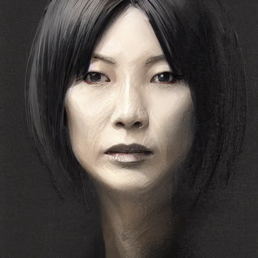 Image similar to Portrait of a woman by Greg Rutkowski, she is about 50 years old, japanese, black straight hair, attractive, elegant, airs of superiority, she is wearing black and white utilitarian jumpsuit, highly detailed portrait, digital painting, artstation, concept art, smooth, sharp foccus ilustration, Artstation HQ.