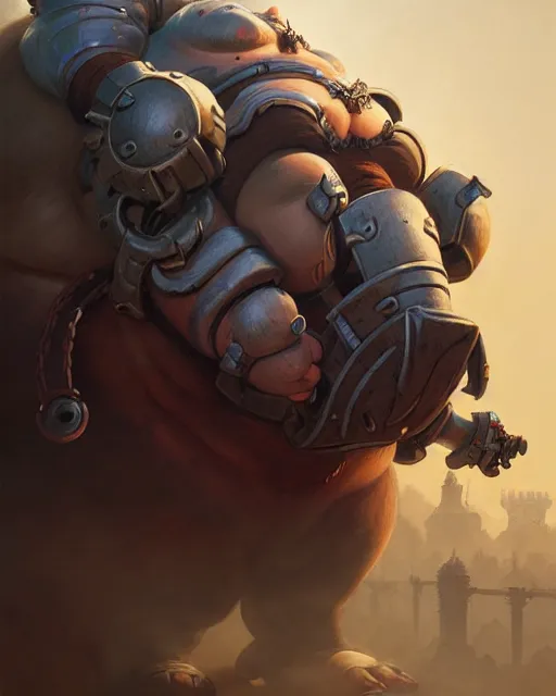 Image similar to roadhog from overwatch, character portrait, portrait, close up, concept art, intricate details, highly detailed by greg rutkowski, michael whelan and gustave dore