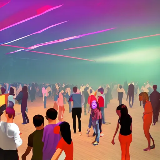 Image similar to cartoon, people communicating with each other in groups of ten, a large hall, dim painterly lighting volumetric aquatics, party