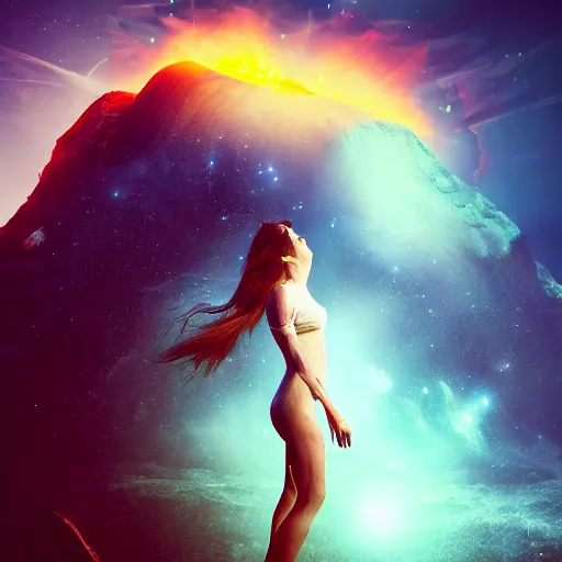 Image similar to A beautiful woman with long, flowy hair standing on a rock, witnessing the explosion of a bulging, corrupted star in space. trending on artstation, artstation futurism, artstation photography, subsurface scattering, 4k, 8k