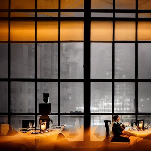 Image similar to couple dining modern high end designer restaurant at night in the foggy rain, symmetrical art deco office building with organic lighting, moody, epic composition, professional photograph, highly detailed, warm lighting interior, large windows, dramatic lighting