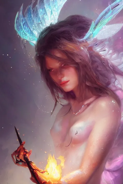 Image similar to half body closeup of extremely beautiful girl necromancer, magical fairy flowers and ice, angels, 3 d render, hyper - realistic detailed portrait, holding fire and electricity rainbow, ruan jia, wlop. scifi, fantasy, magic the gathering, hyper detailed, octane render, concept art, peter mohrbacher