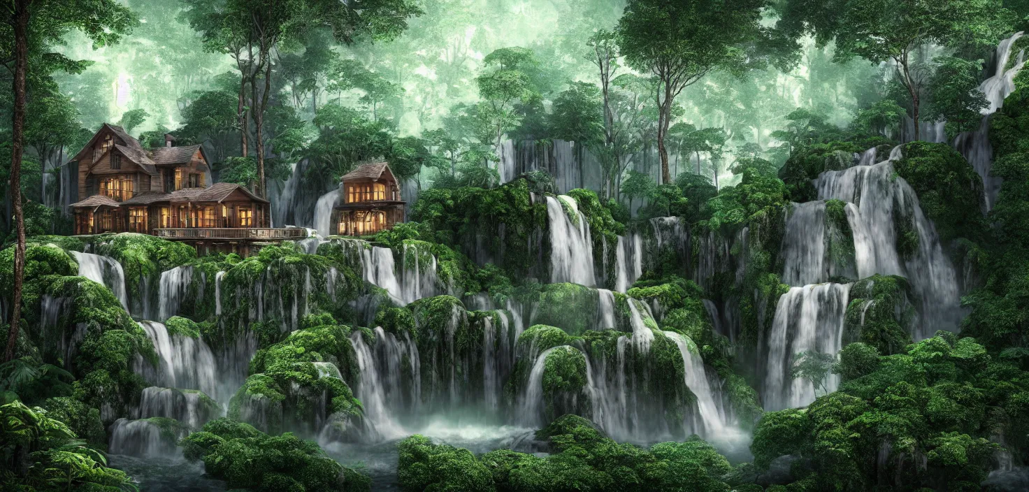 Image similar to beautiful big house in the forest, a big waterfall flows down from the mountain, octane render, fabulous, hyper detailed, random cinematic view, no noise, global illumination, warm lighting, volumetric, godrays, vivid, beautiful, by camila venegas