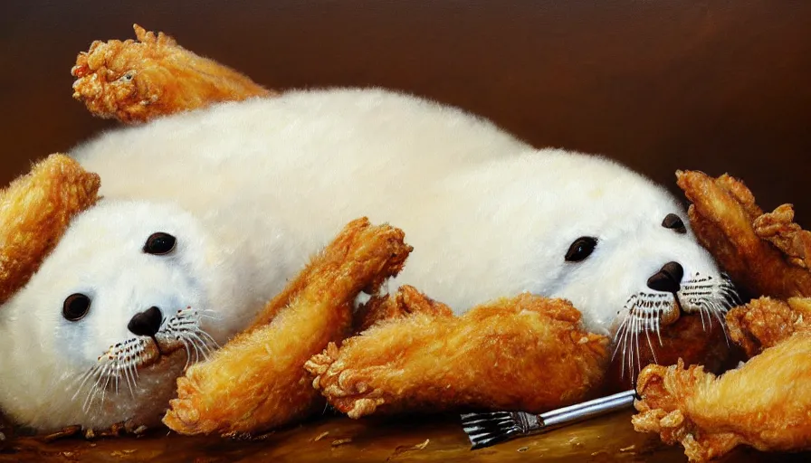 Prompt: highly detailed painting of cute furry white baby seals cuddling up in a big pile of fried chicken by william turner, thick brush strokes and visible paint layers, 4 k resolution