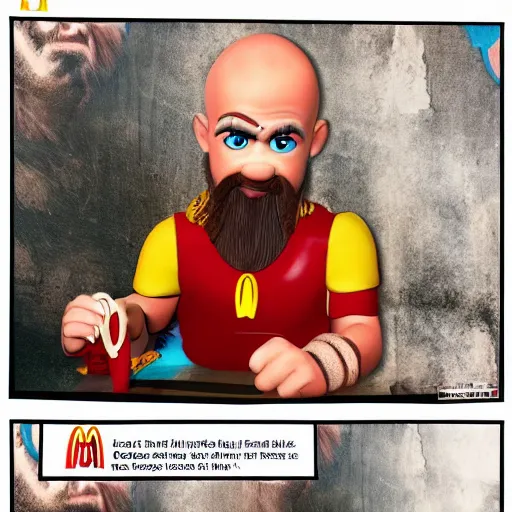 Image similar to kratos eating a happy meal from mcdonalds