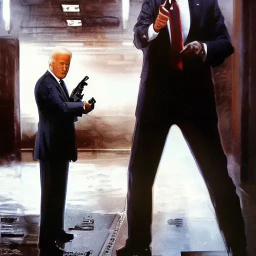 Image similar to joe biden as the terminator executing t-1000 Donald Trump with a shotgun, dramatic lighting, cinematic, establishing shot, extremly high detail, photorealistic, cinematic lighting, artstation, style by James Gurney