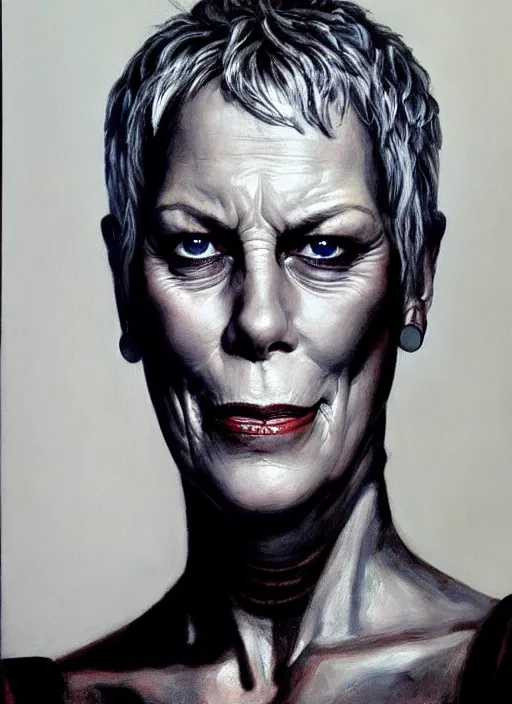 Prompt: portrait of jamie lee curtis as an evil warlord character in mad max 2 : the road warrior, film still, detailed realism face in painting, detailed beautiful portrait, oil painting masterpiece, 8 k resolution, smooth, sharp focus, trending on artstation, by rembrandt