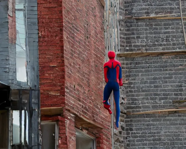 Prompt: photograph of spider - man on a building movie set