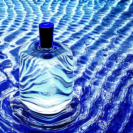 Image similar to perfume bottle surrounded cool blue ripples in water