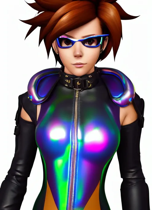 Image similar to portrait bust digital artwork of tracer overwatch, wearing iridescent rainbow latex and leather straps catsuit outfit, 4 k, expressive happy whistling face, makeup, in style of mark arian, angel wings, wearing detailed leather collar, chains, black leather harness, detailed face and eyes,