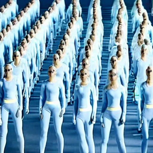 Image similar to army of identical athletic female clones in formation, white hair, tight light blue neopren suits, in rows, futuristic chemistry lab, sci - fi, highly detailed, cinematic