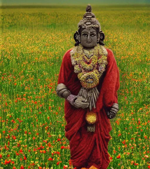 Image similar to mystical hindu god standing in tall meadow of flowers, distant, ww1 film photo, grainy, high detail, high resolution