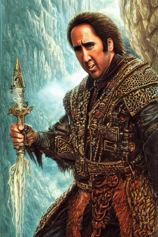 Image similar to Nicolas Cage as wizard, fantasy, intricate, highly detailed, artstation, illustration by ken kelly