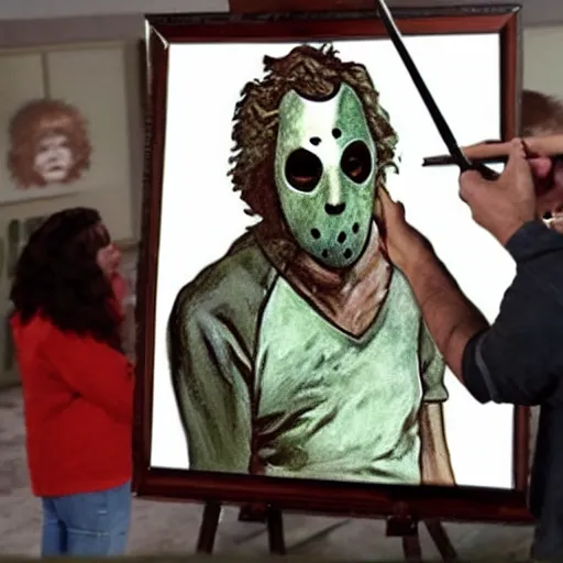 Image similar to jason voorhees in a bob ross painting, being painted by ted bundy