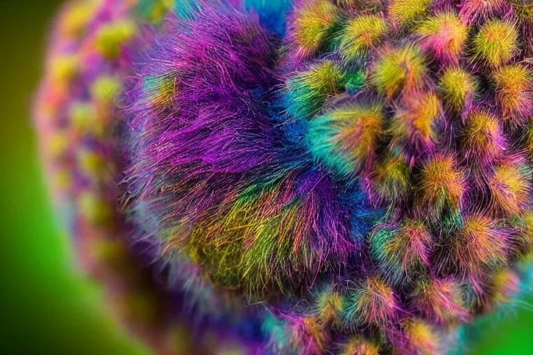 Image similar to an amazing fluffy caterpillar with psychedelic colors, macro photography, fiberous hairs and very detailed capture photography 8 k, sony, nikkon, cannon