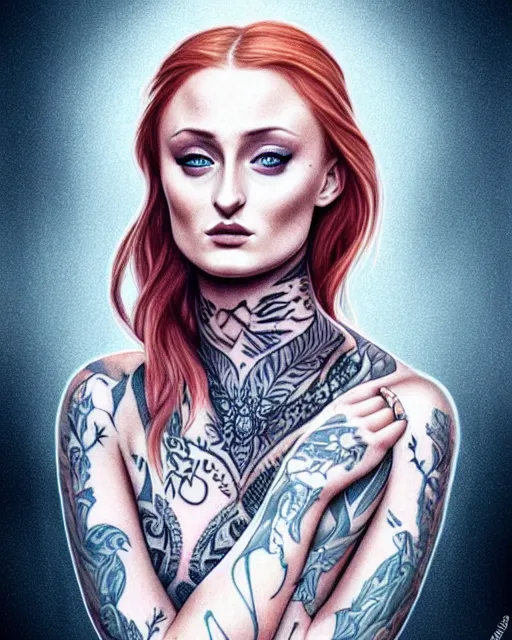 Prompt: beautiful woman Sophie Turner with full sleeve tattoos and neck tattoo, symmetrical face, portrait, Charlie Bowater character art, cinematic lighting