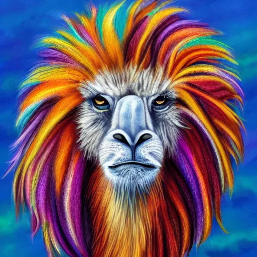 Image similar to portrait of a cute fluffy ostrich with long colorful flowing lion mane with mohawk hairstyle hybrid animal detailed painting 4 k