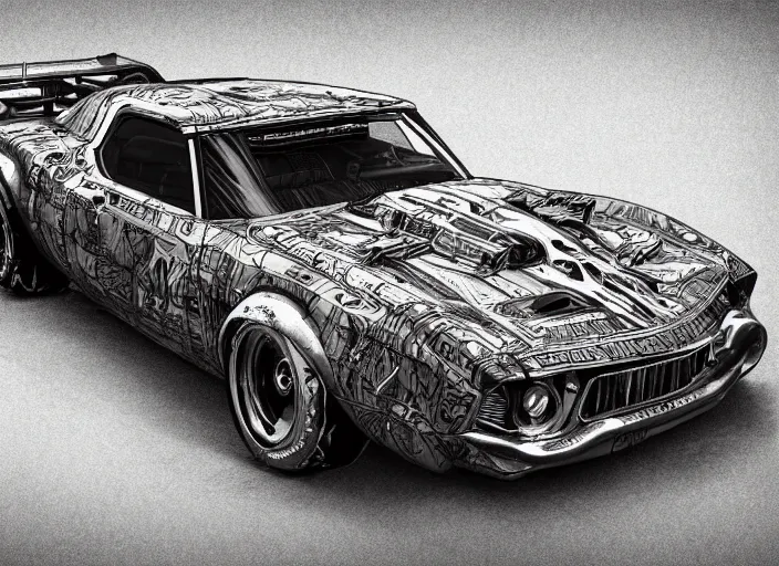 Prompt: cartoon illustration concept art of a muscle car in full intricate detail, ultra detailed, realistic digital art, octane render, 4K, dystopian, micro details
