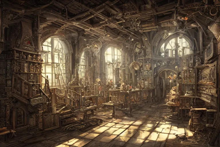 Image similar to A carpenters shop viewed from the inside, texture, intricate, details, highly detailed, masterpiece, architecture, building, trending on artstation, focus, sharp focus, concept art, digital painting, fantasy, sunny, day, midday, in the style of Dungeons and Dragons